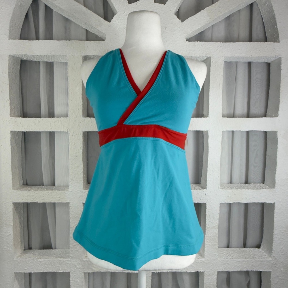 Lululemon Deep V Tank Turquoise Red Colourblock Racerback Yoga Top - Picture 6 of 10
